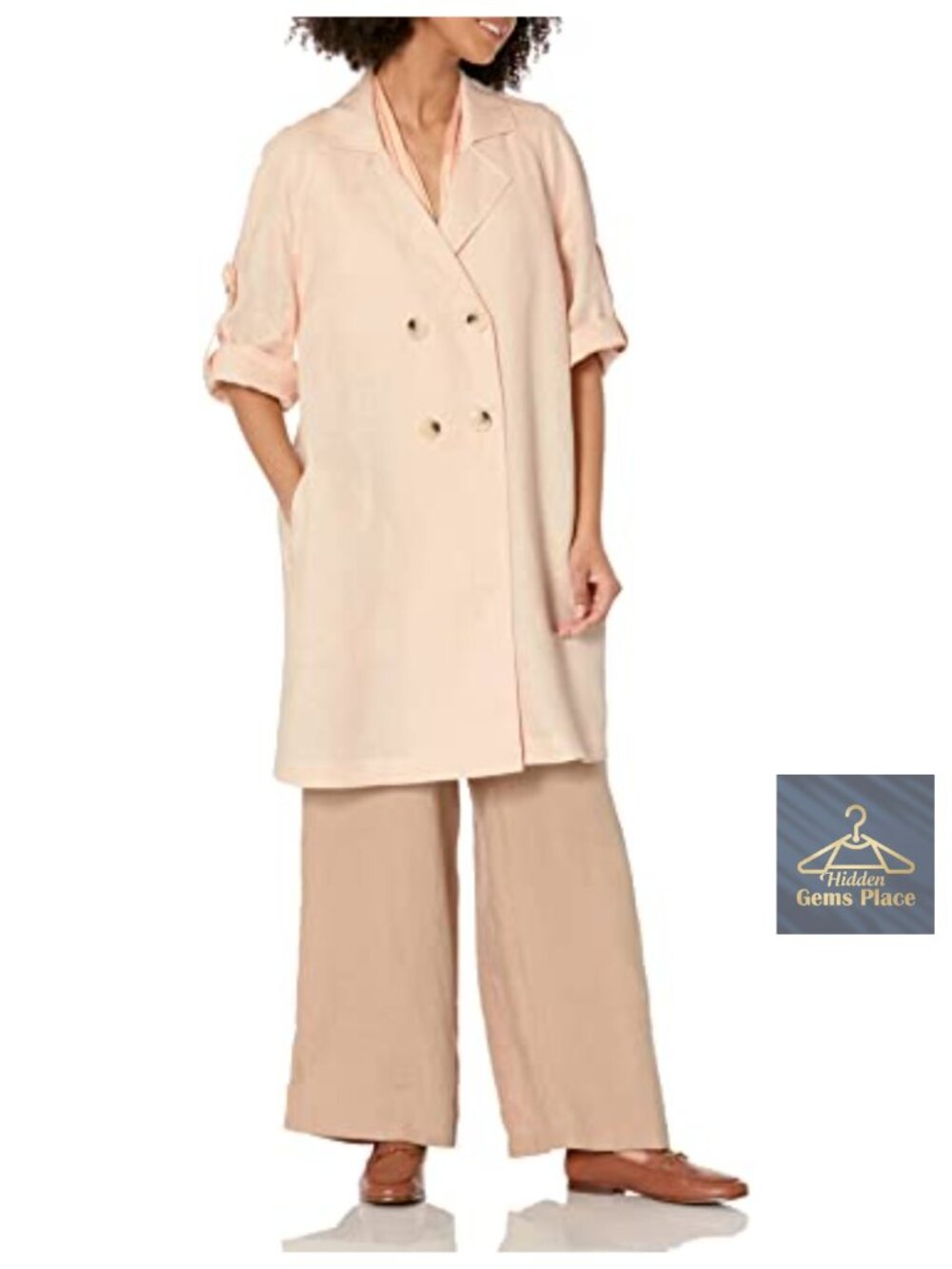 Linen Oversized Caban Jacket 3/4 Sleeve Button Slant Pocket